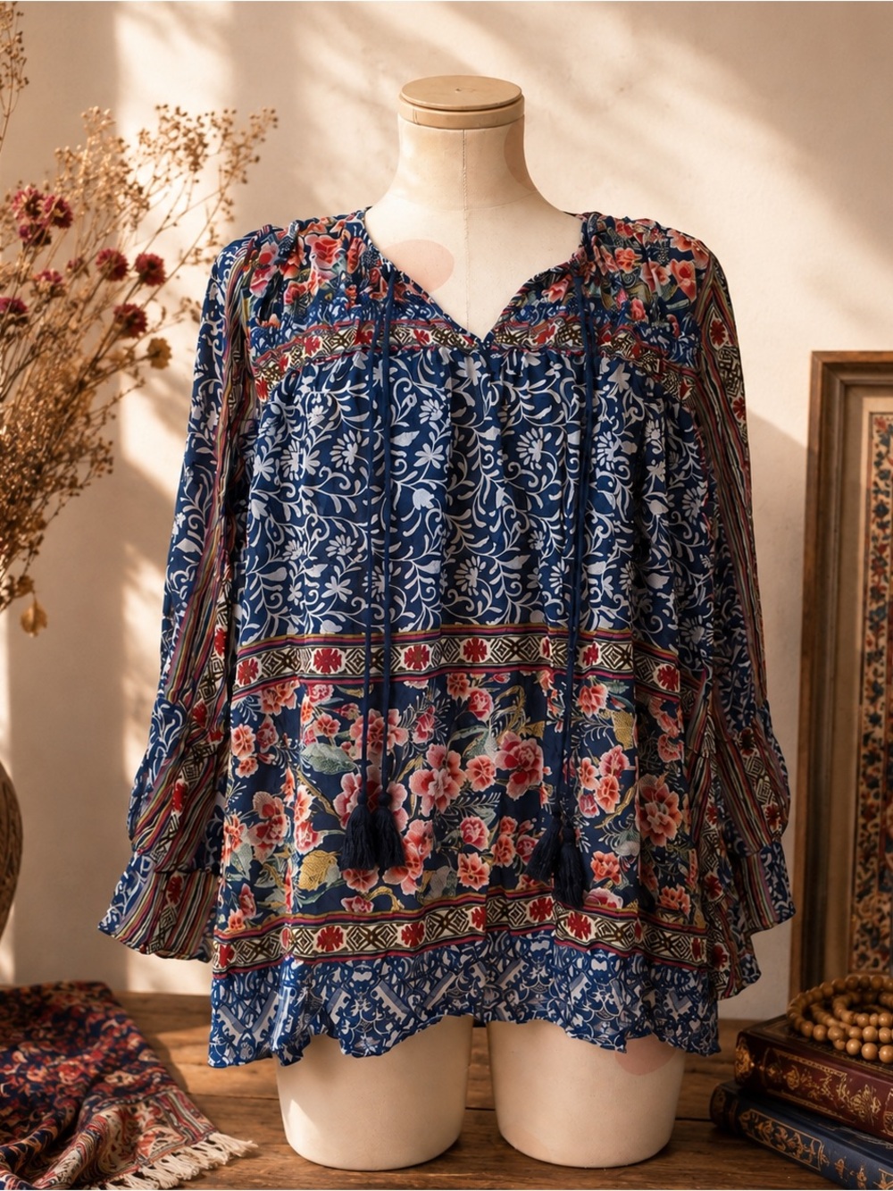 Johnny Was Boho Floral Peasant Blouse | Blue Print Tassel Tie Top | Size Small